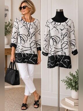 Dolcezza 100% Linen Abstract Art Print Tunic Top M Black White
